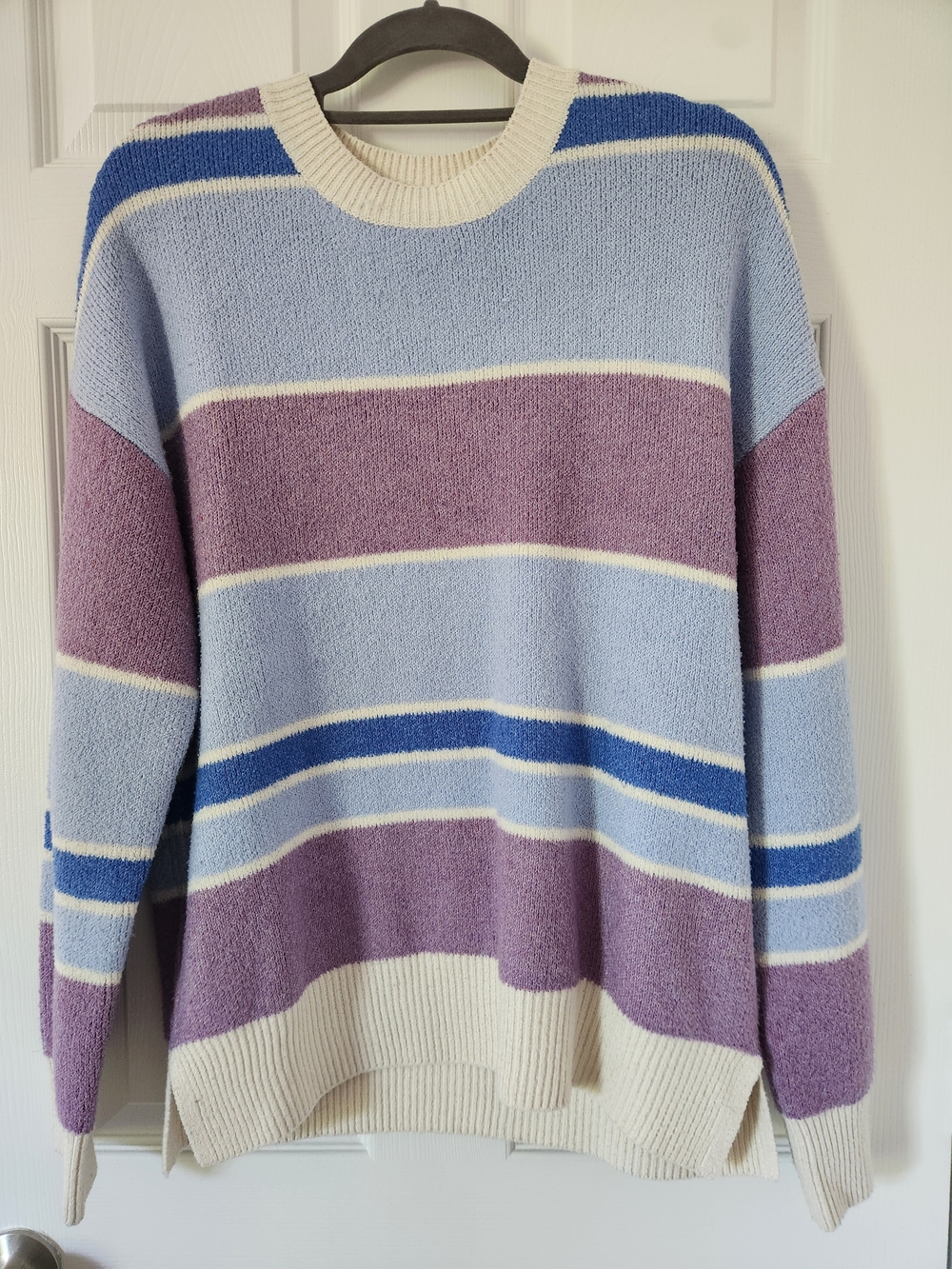 Christian Siriano Striped Crewneck Sweater in Light Blue, Lavender & Cream